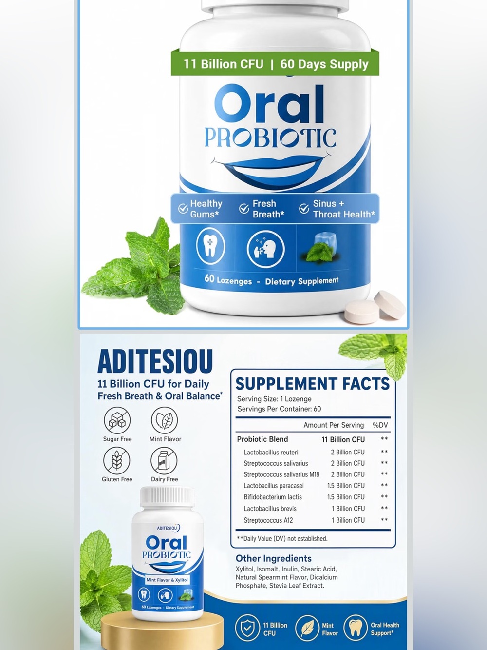 Oral Probiotics, Sugar-Free Mint Lozenges, Mouth Bad Breath, 60-Day Supply